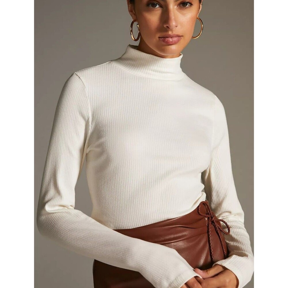 Maeve by Anthropologie Cream White Stretchy Ribbed Mockneck Turtleneck Top Small
